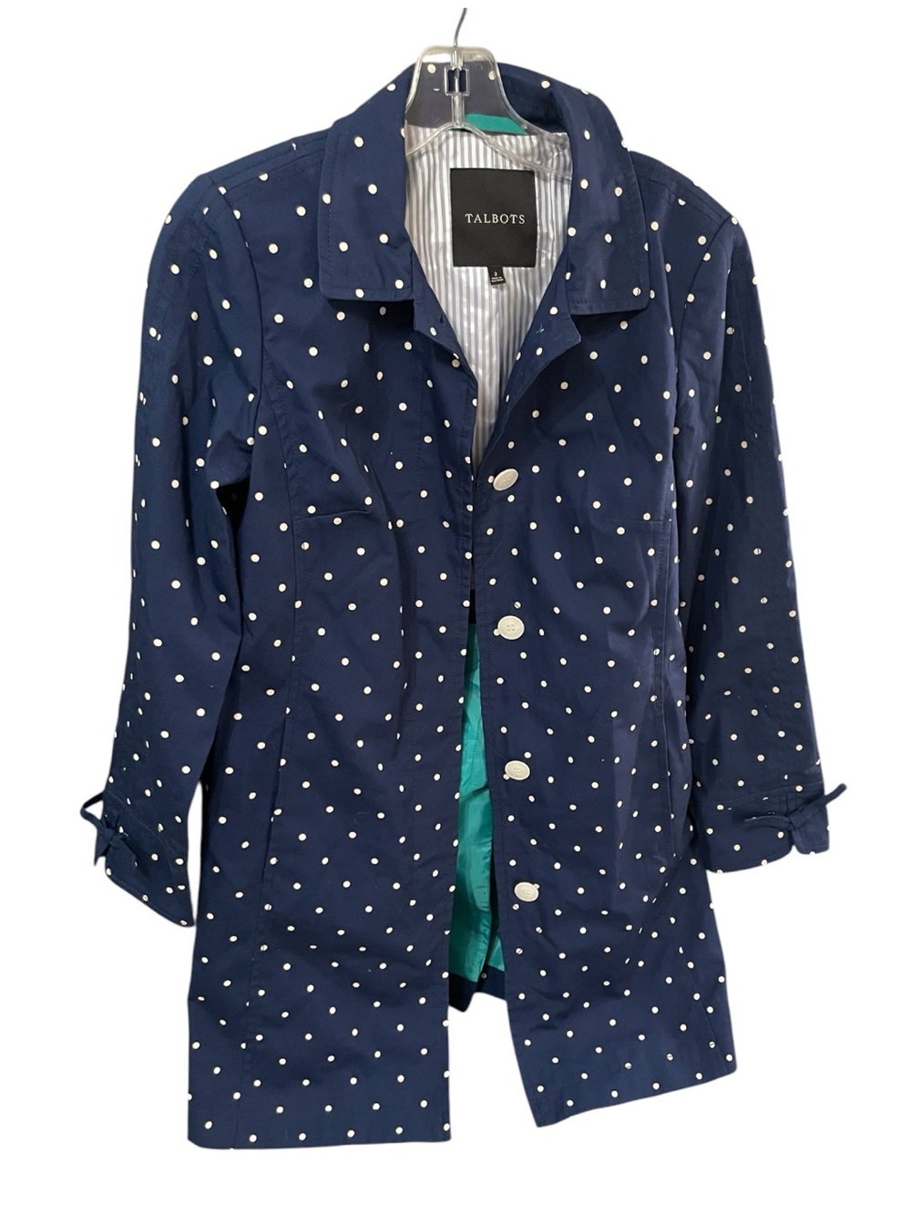 Talbots Dot-Print Cotton Mac coat in navy blue and white size 2 preppy classic